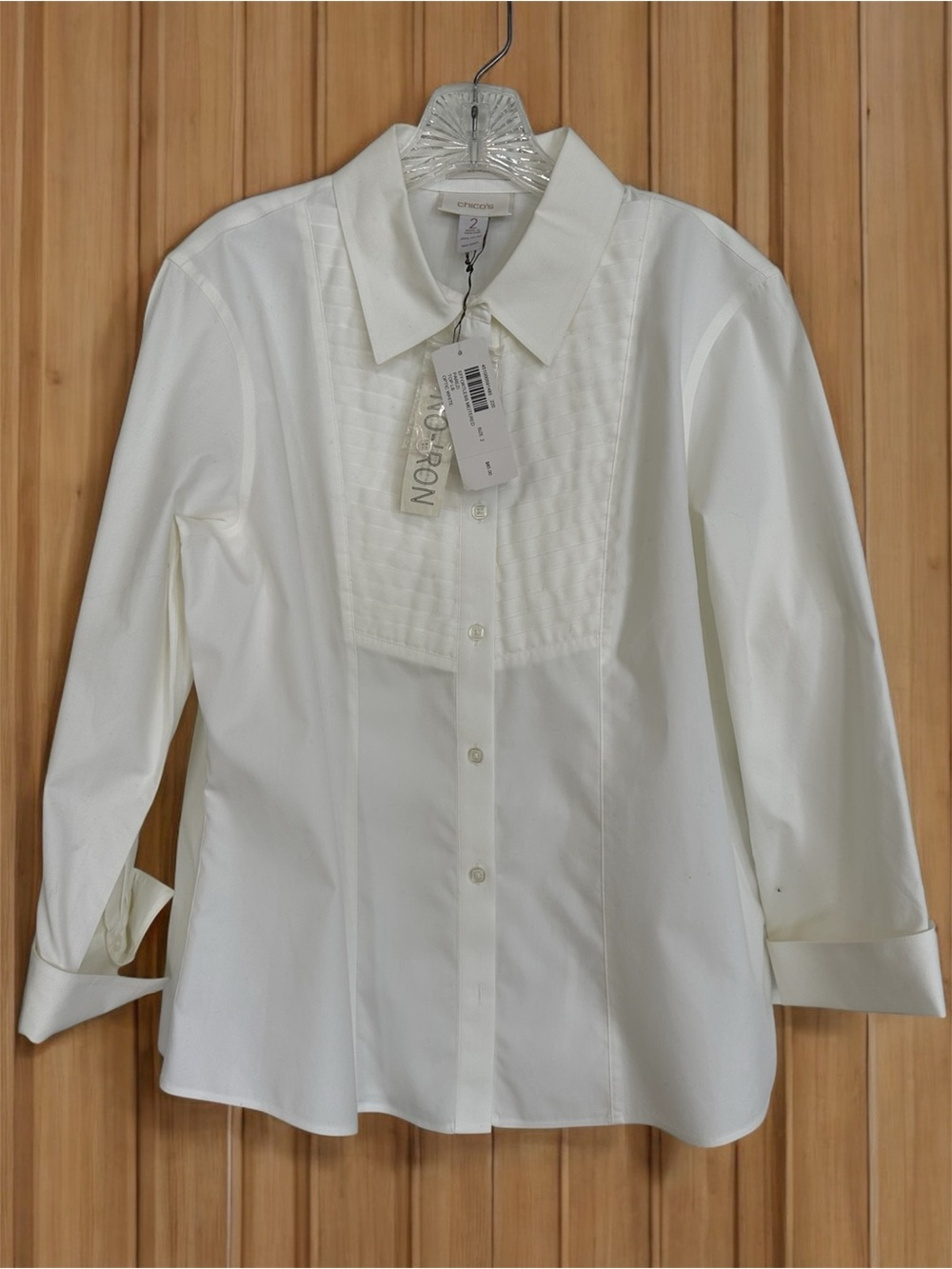 NWT CHICO'S Long Creamy White No Iron Blse Tuxedo Front Sz 2 L retail $85